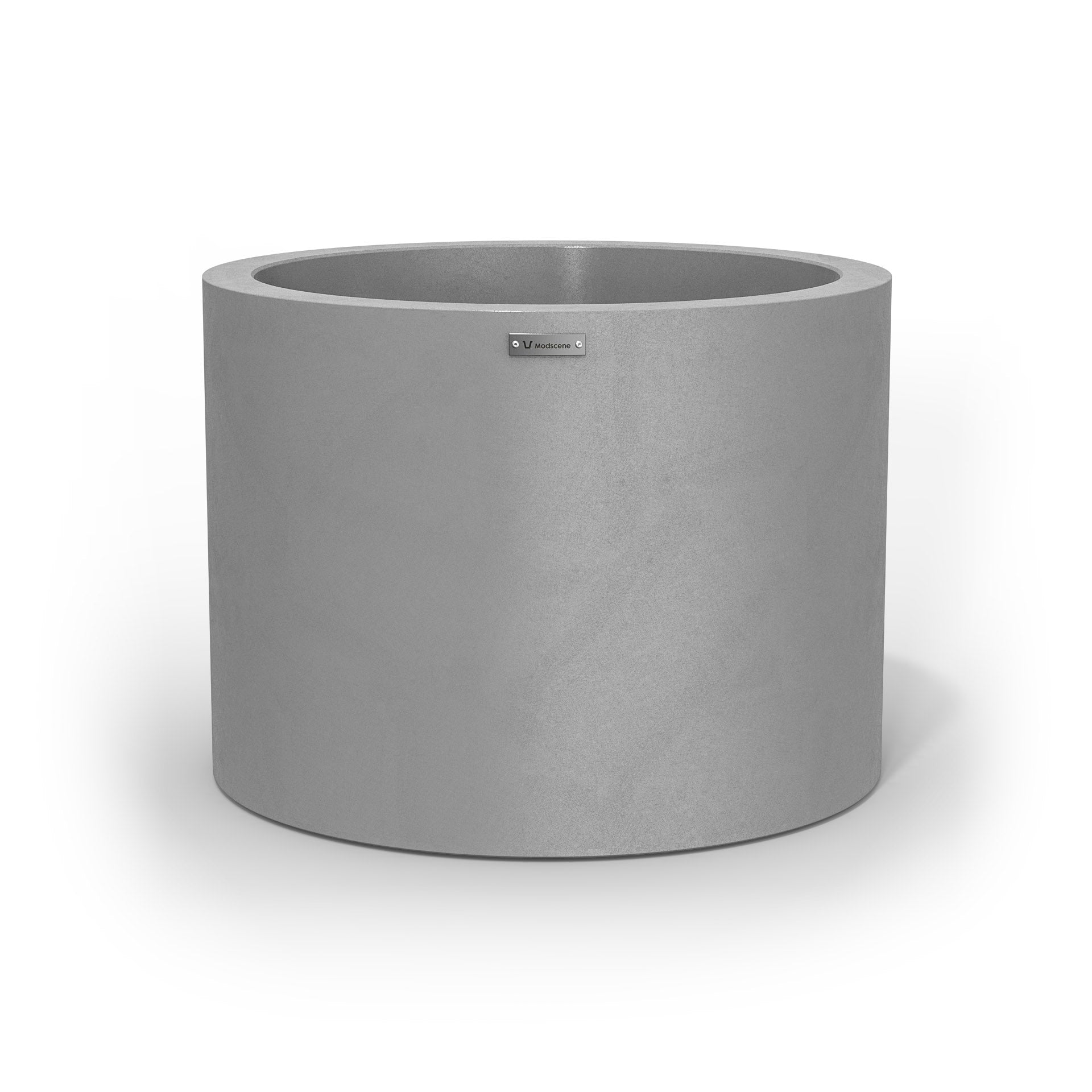 A cylinder shaped pot planter in a brushed light grey colour.