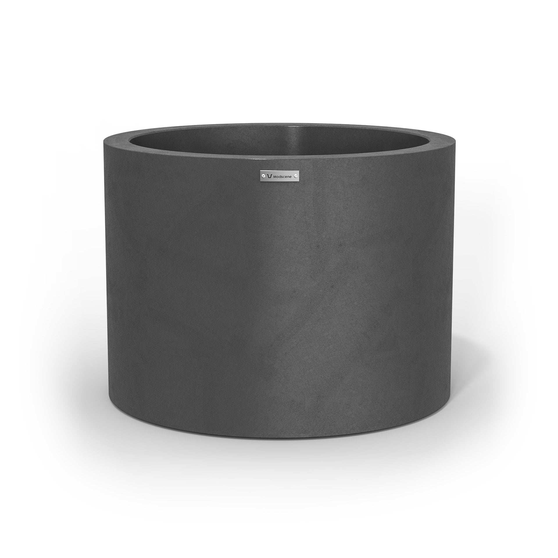 A cylinder shaped pot planter in a brushed dark grey colour.