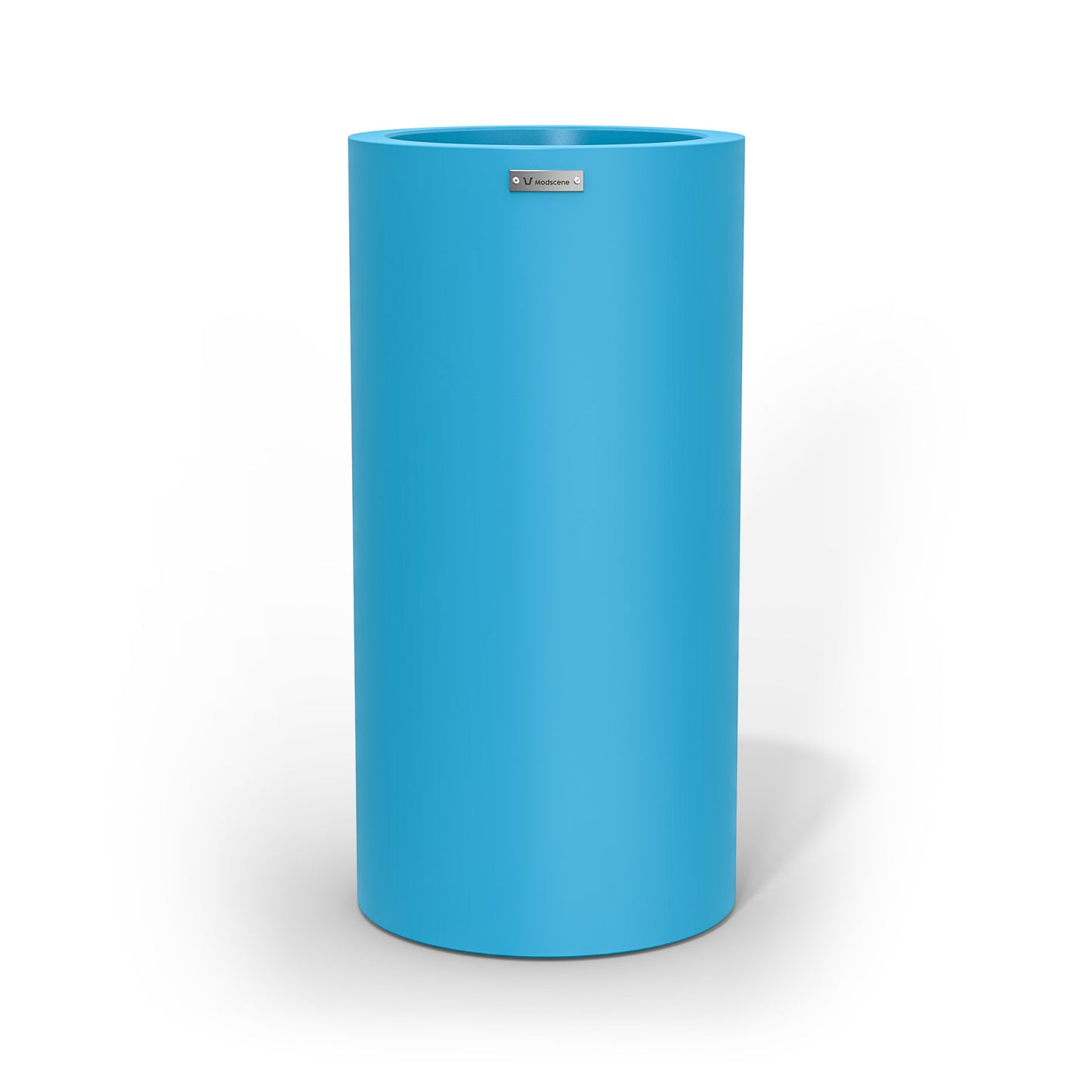 A large cigar cylinder pot planter in a light blue colour.