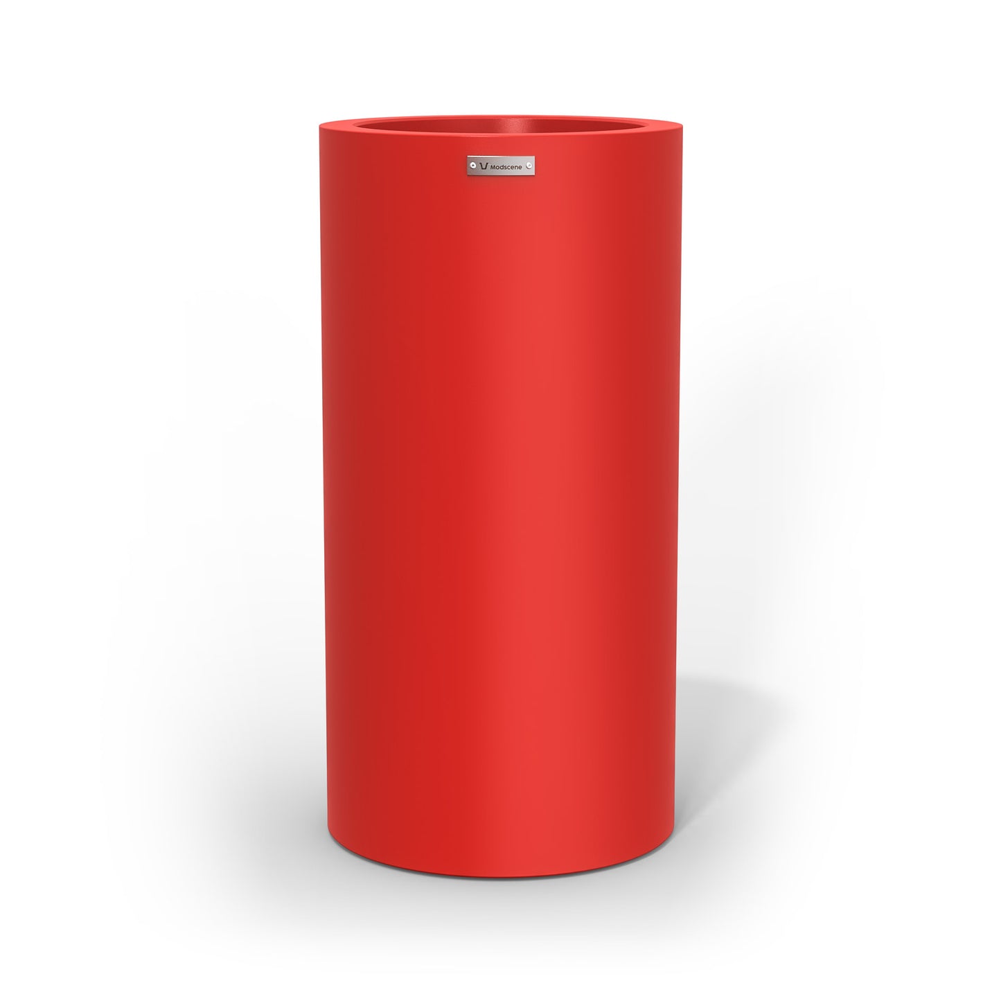 A large cigar cylinder pot planter in red.