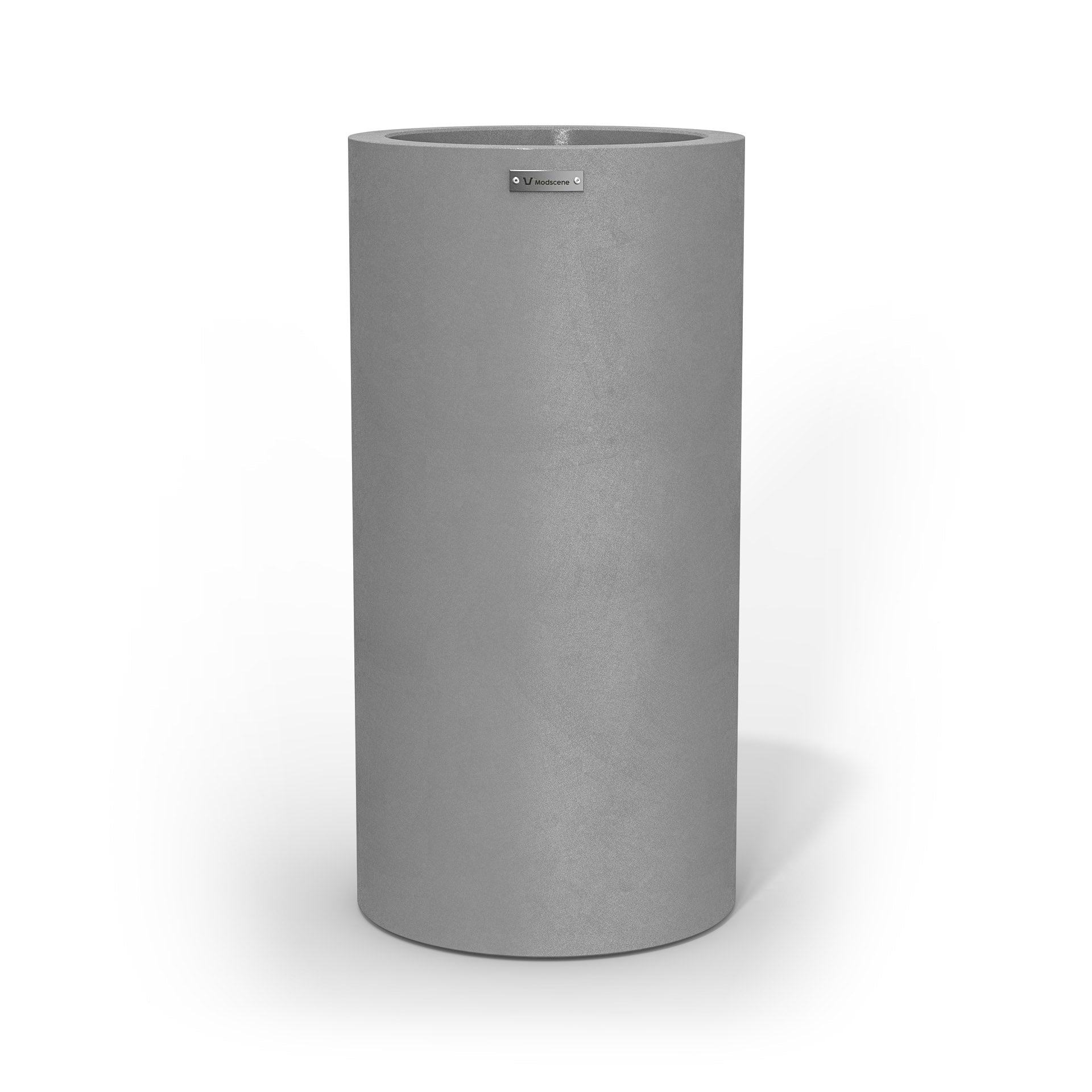 A large cigar cylinder pot planter in light grey with a concrete look finish.