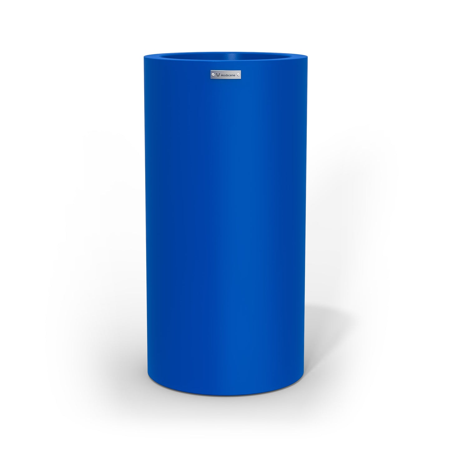 A large cigar cylinder pot planter in a dark blue colour. 