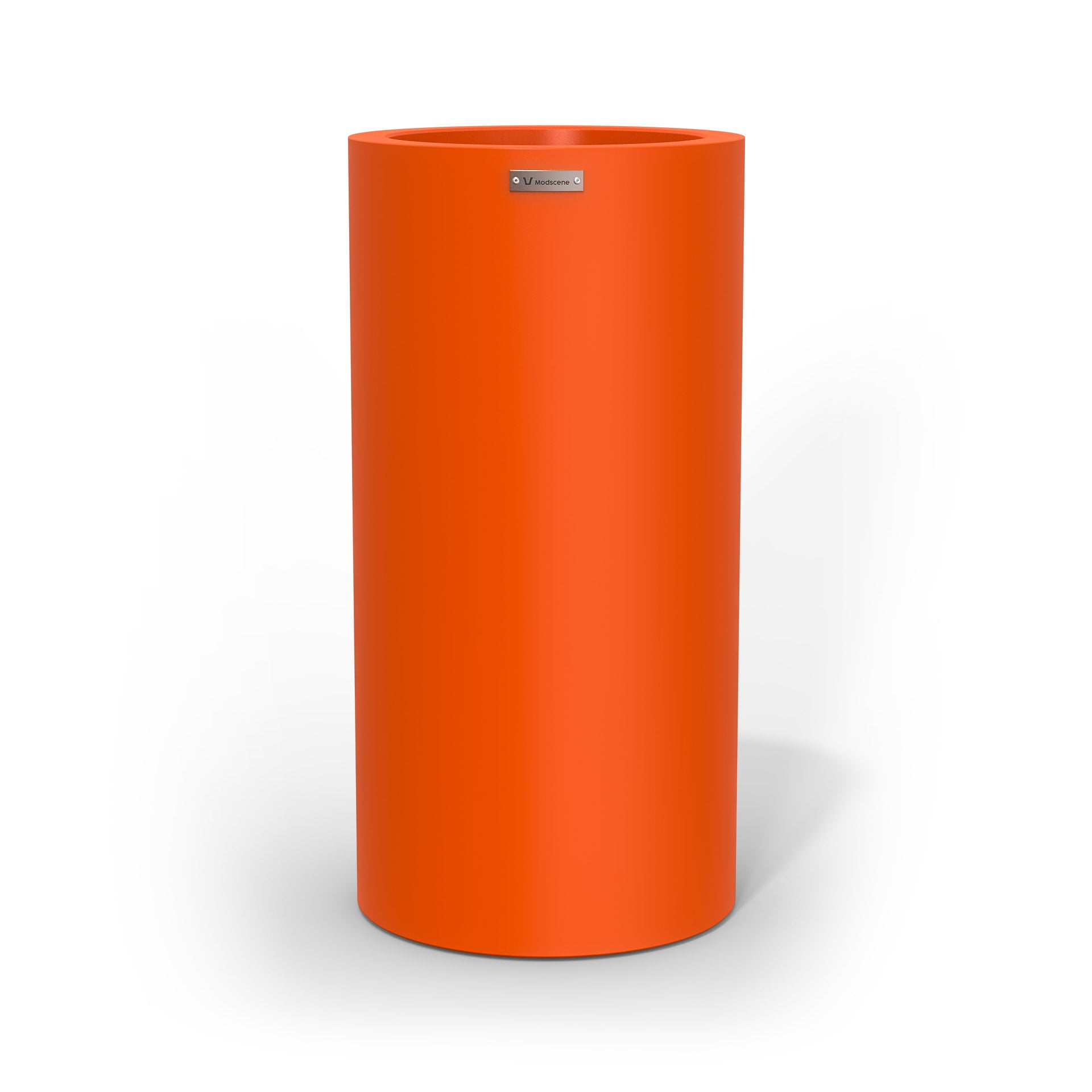 A large cigar cylinder pot planter in a orange colour. 