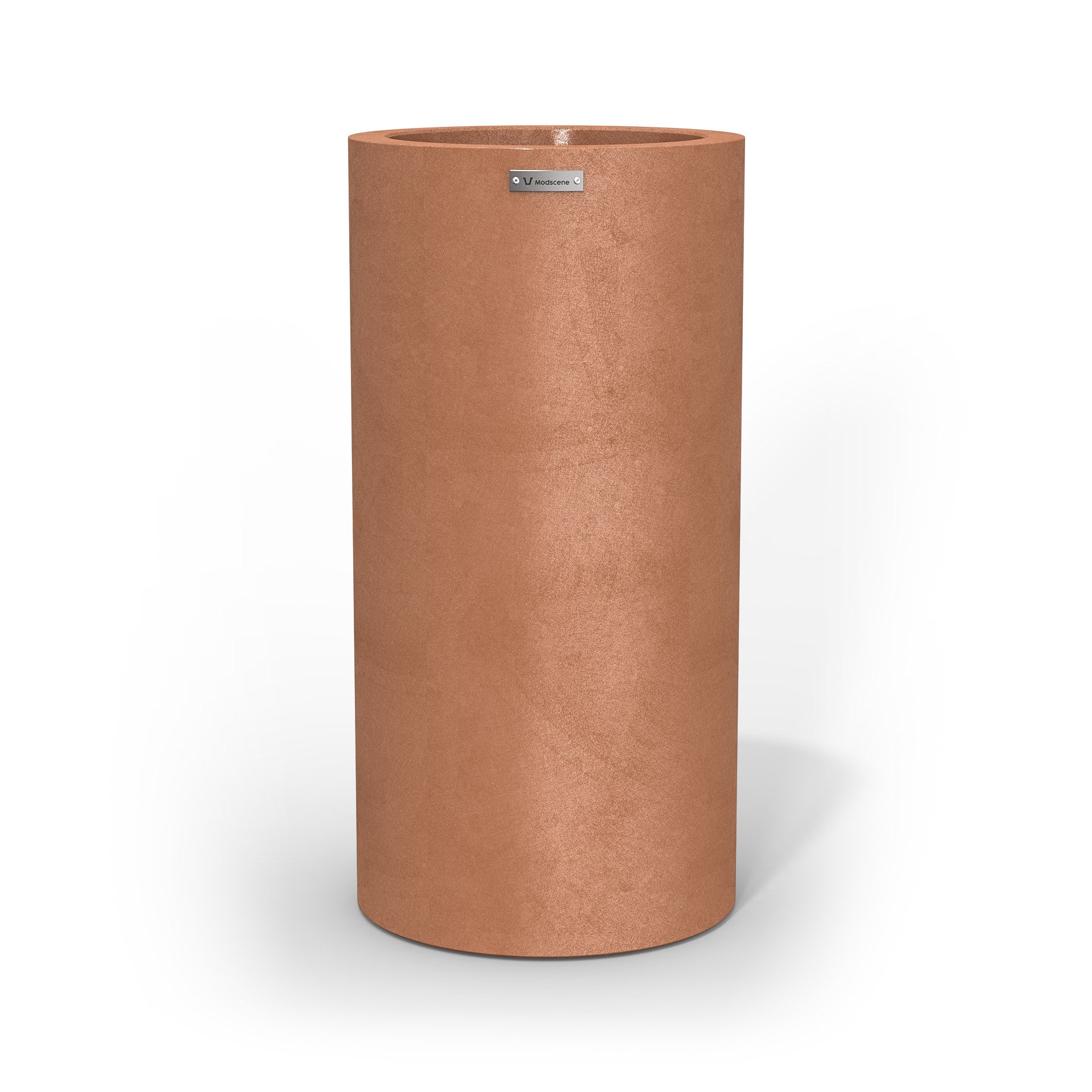 A large cigar cylinder pot planter in a rustic terracotta colour. 