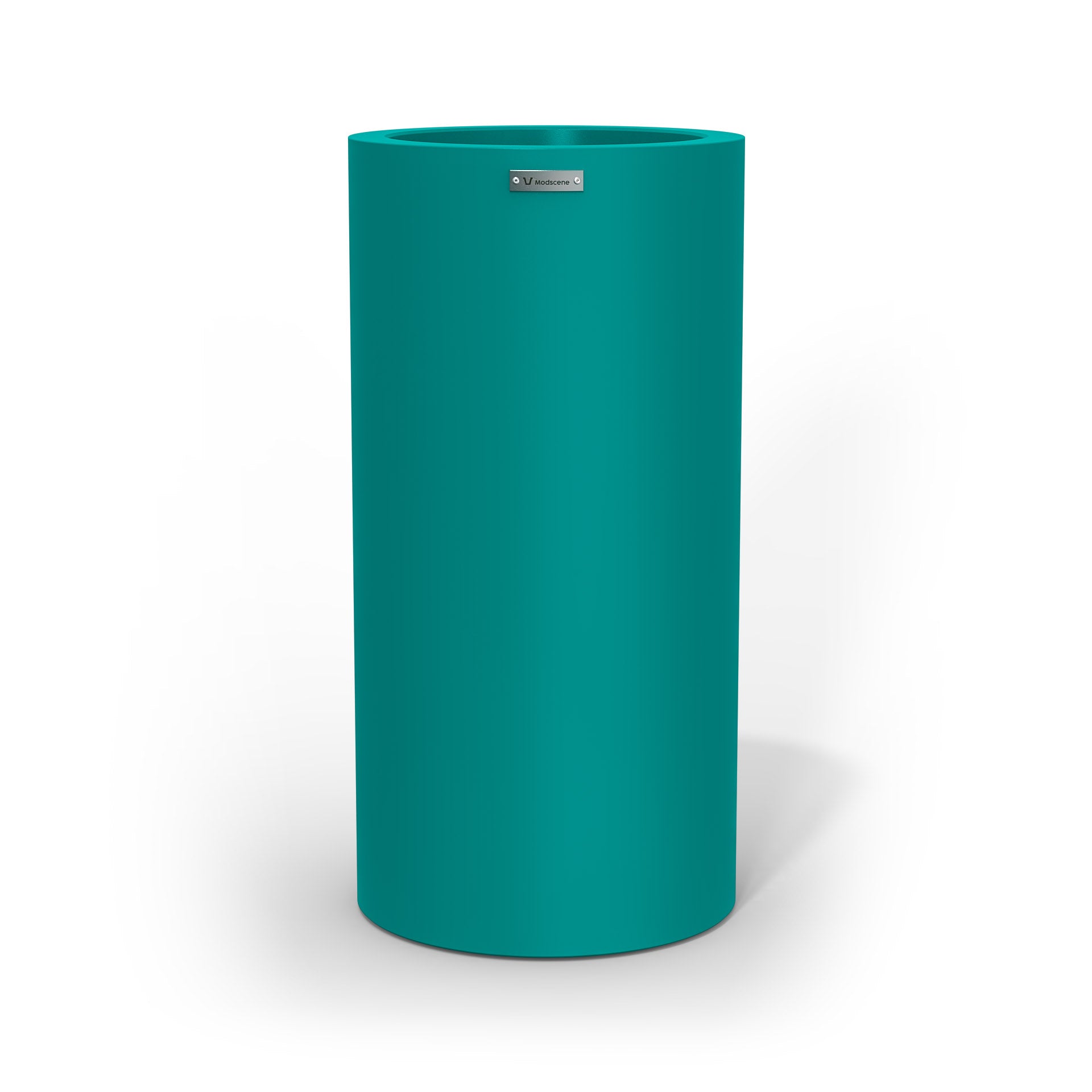 A large cigar cylinder pot planter in a teal colour. 