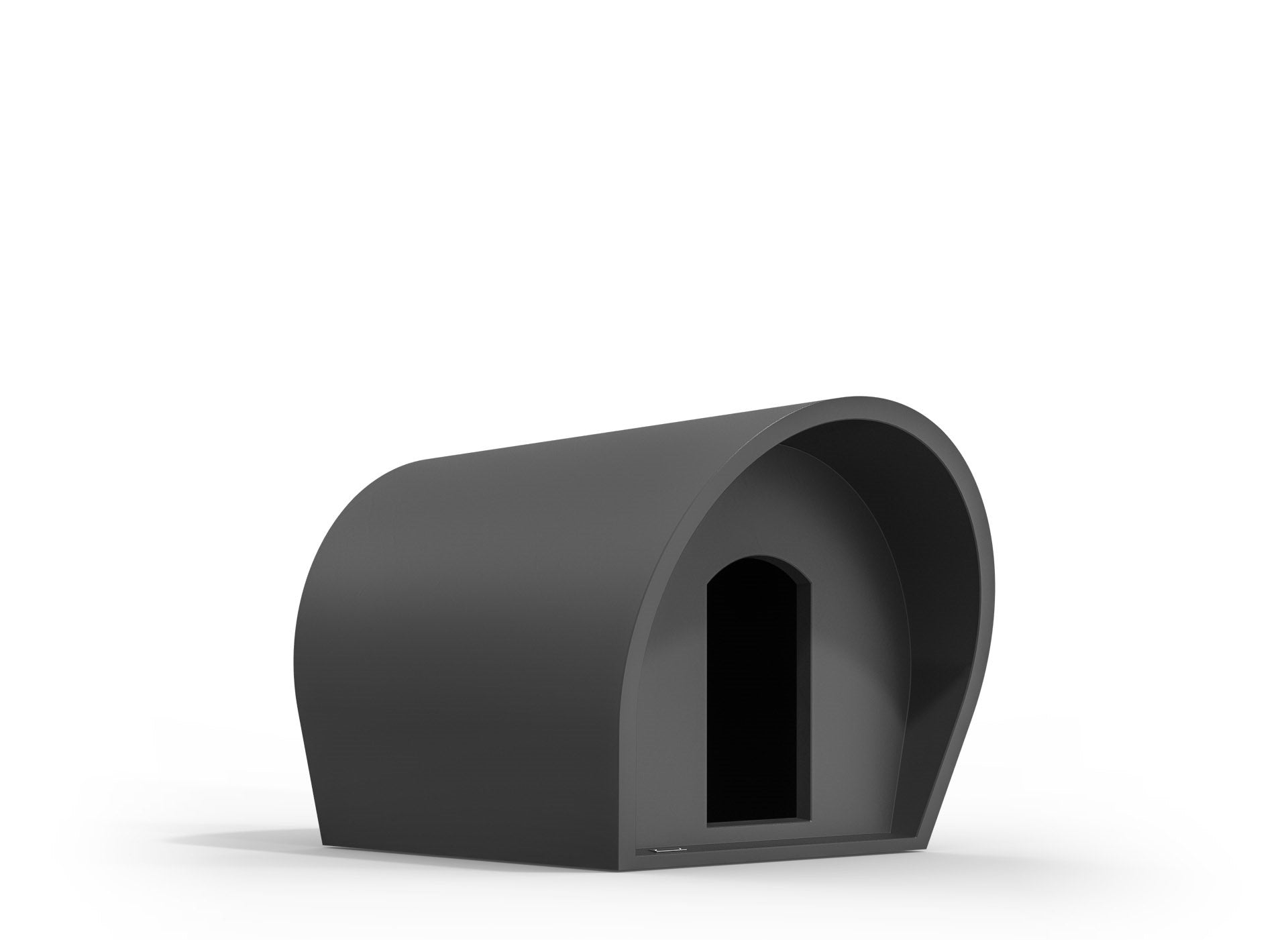 A medium sized kennel in a dark grey colour made by Modscene New Zealand.