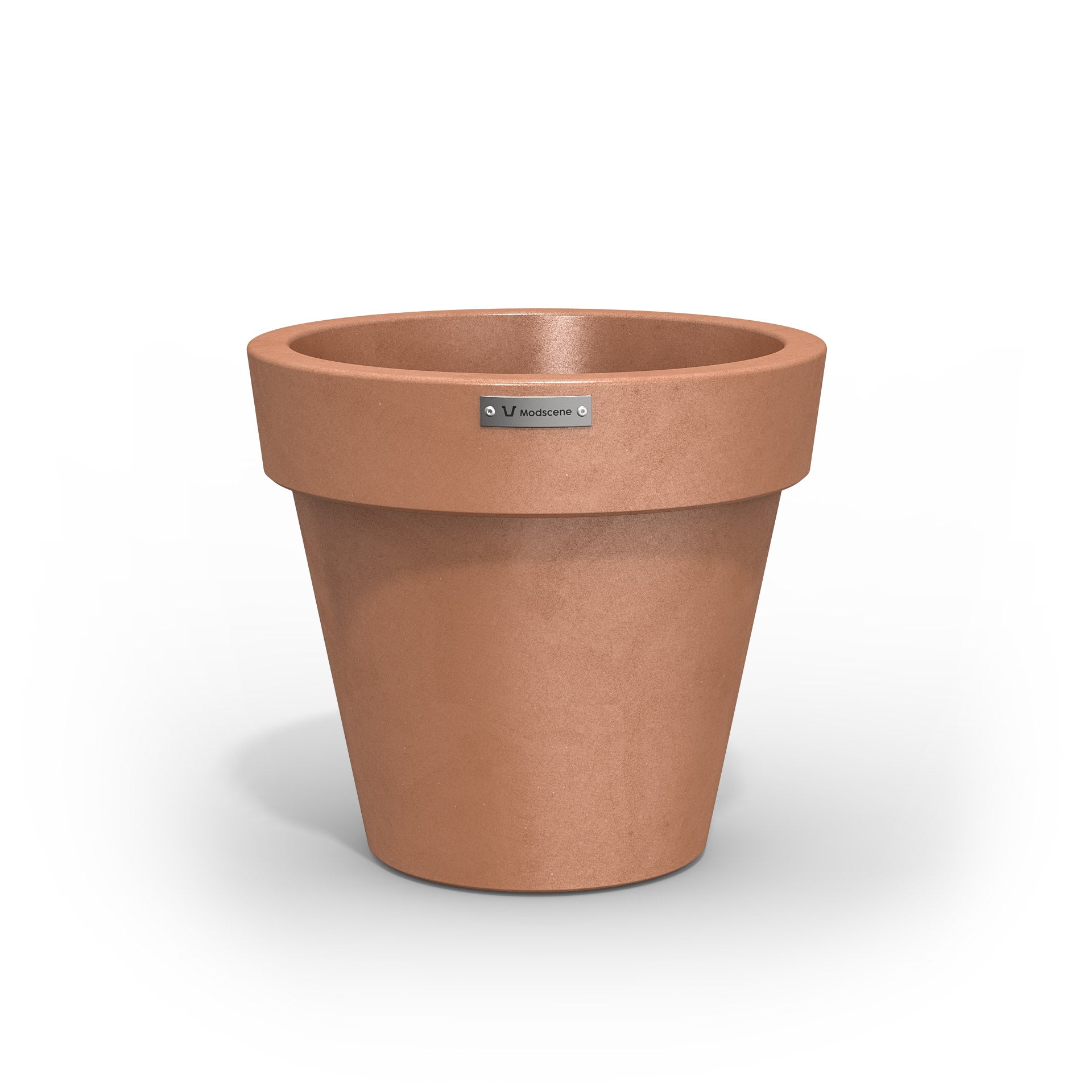 A Modscene plastic planter pot in a rustic terracotta colour. NZ made.