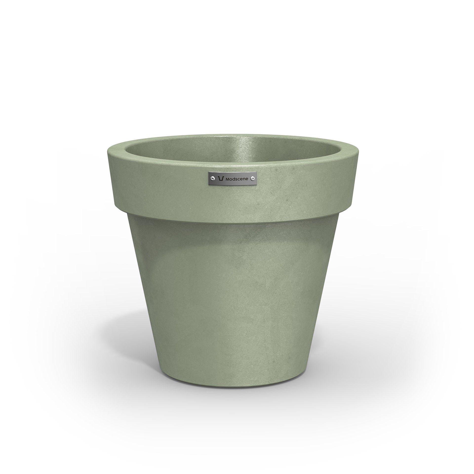 A Modscene plastic planter pot in a moss green colour with a concrete look.