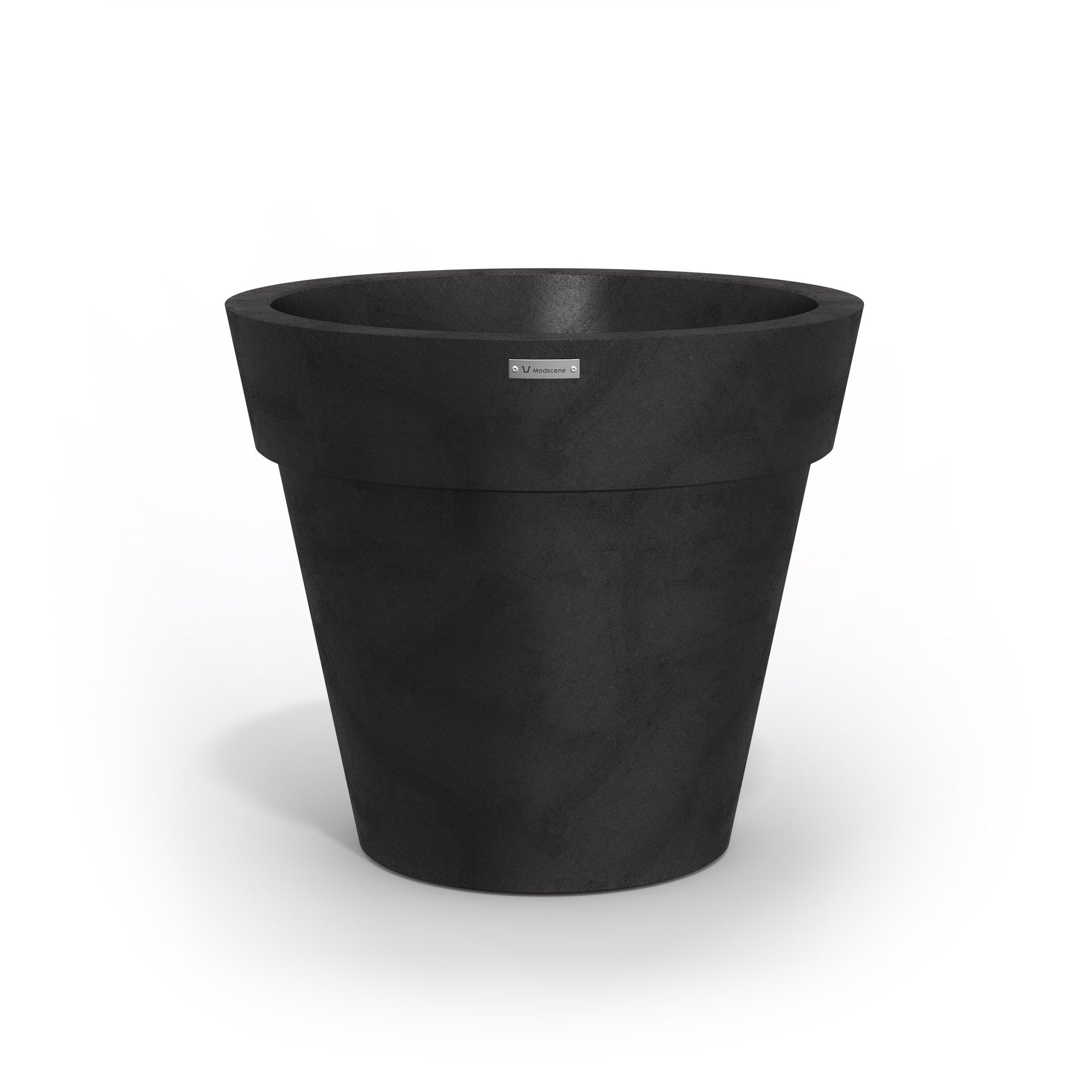 A black Modscene plastic planter pot with a concrete finish. NZ made.