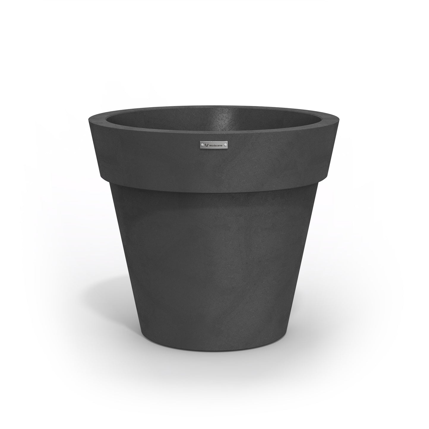 A Modscene plastic planter pot in a dark grey colour with a concrete look.