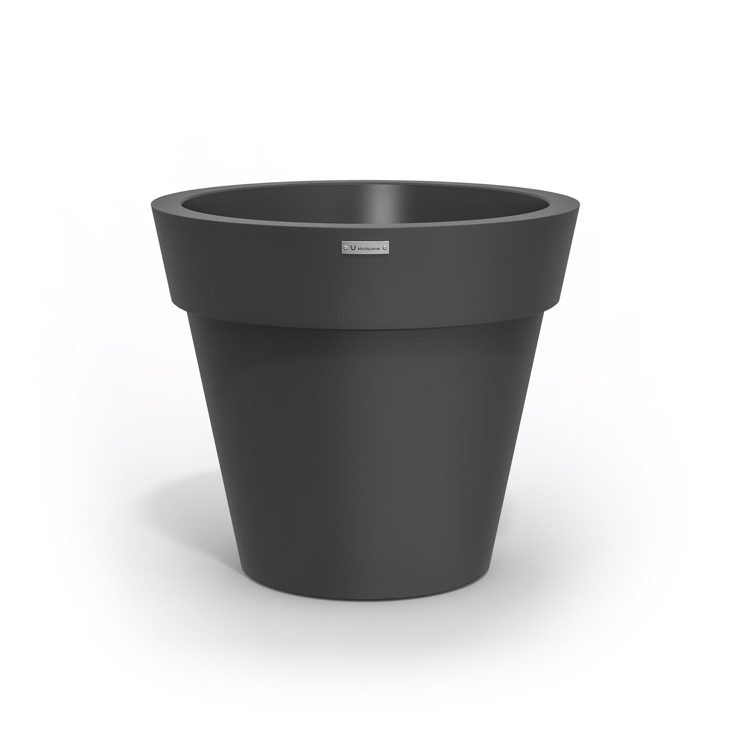 A Modscene plastic planter pot made in a dark grey colour. NZ made.