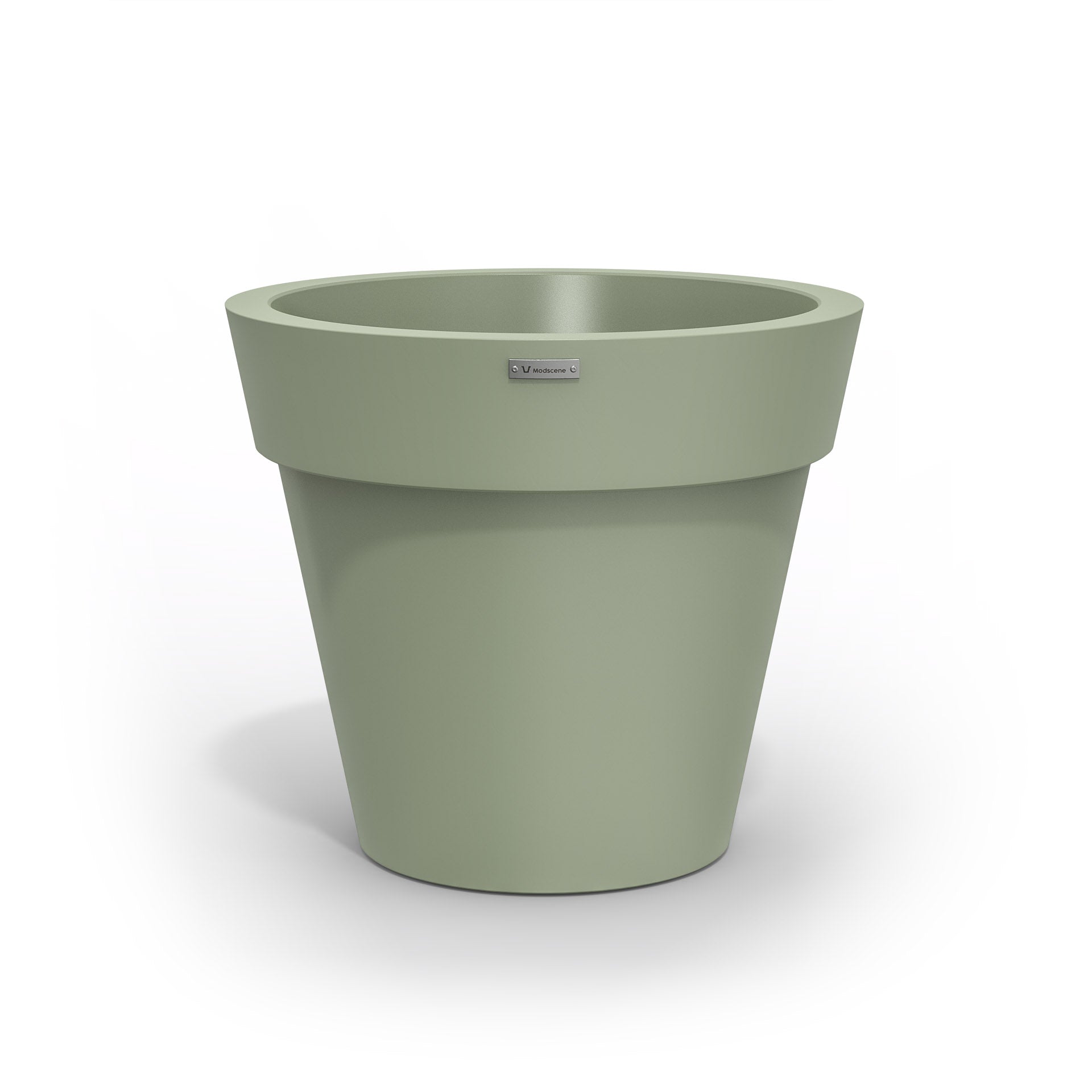 A moss green Modscene plastic planter pot made in NZ