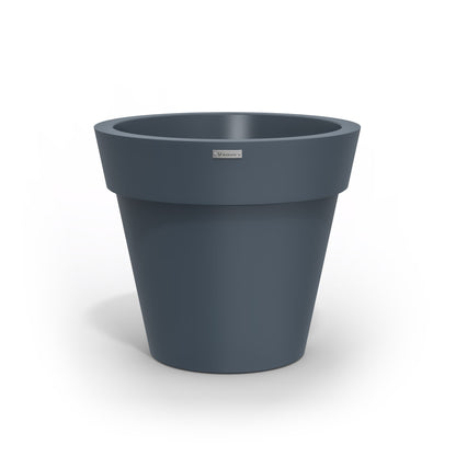 A dark grey Modscene plastic planter pot made in New Zealand.