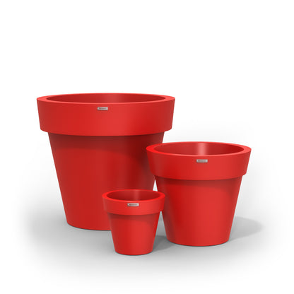 A red cluster of three Modscene planters pots made in New Zealand.