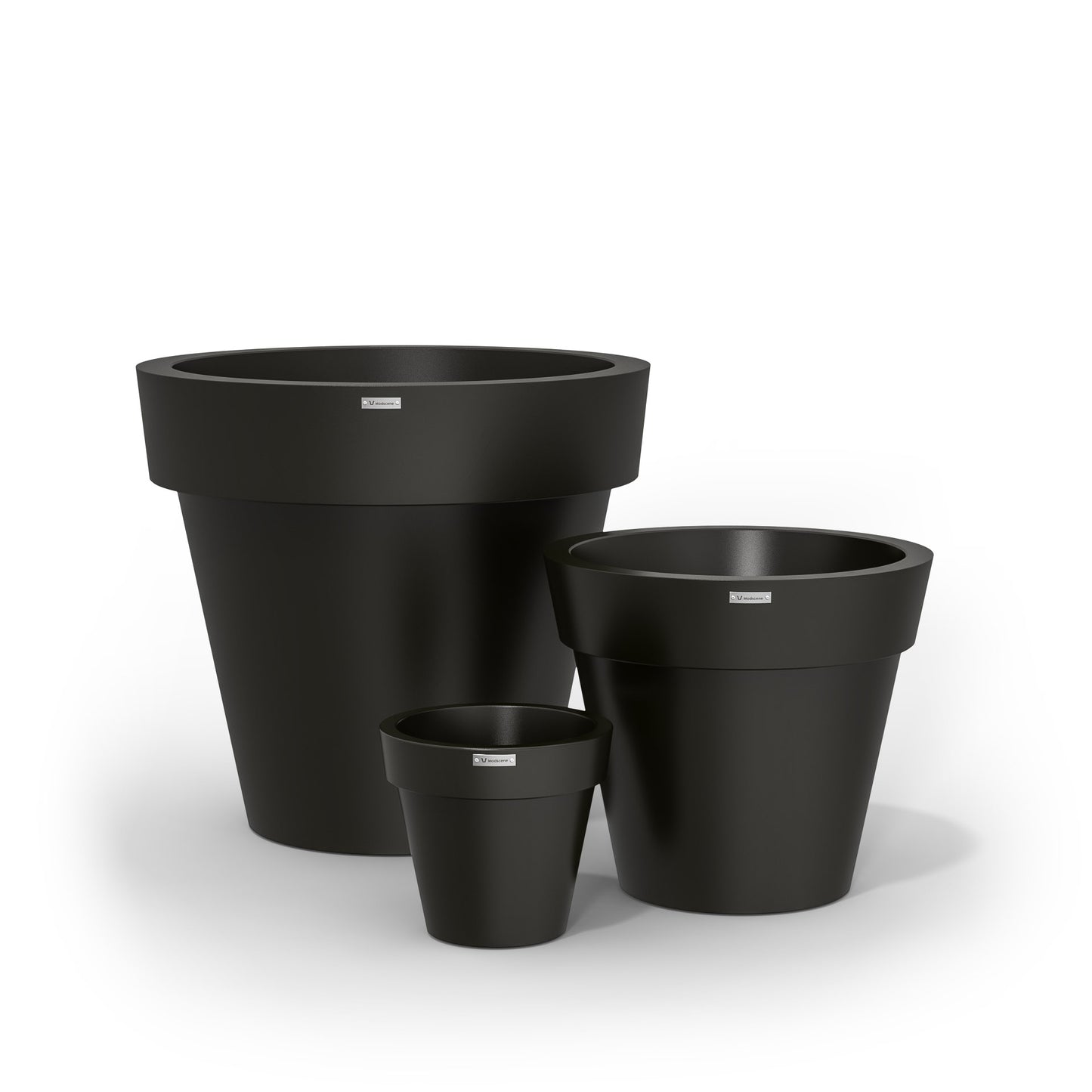 A black cluster of three Modscene planters pots. Made in NZ