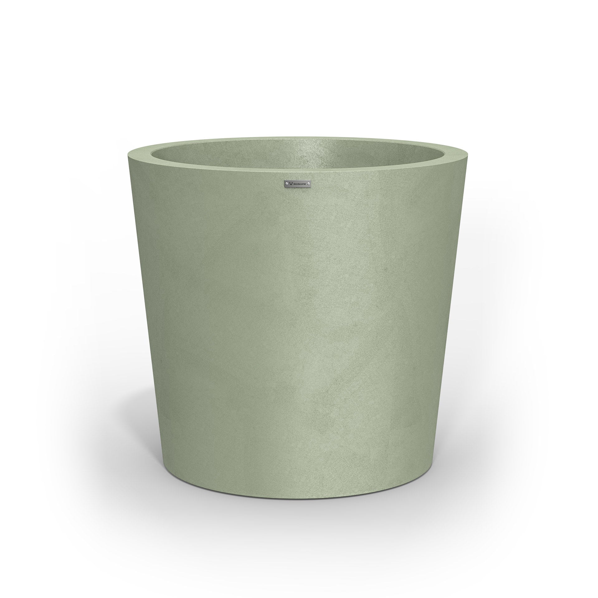 A large Modscene pot planter in a green colour with a concrete look finish.
