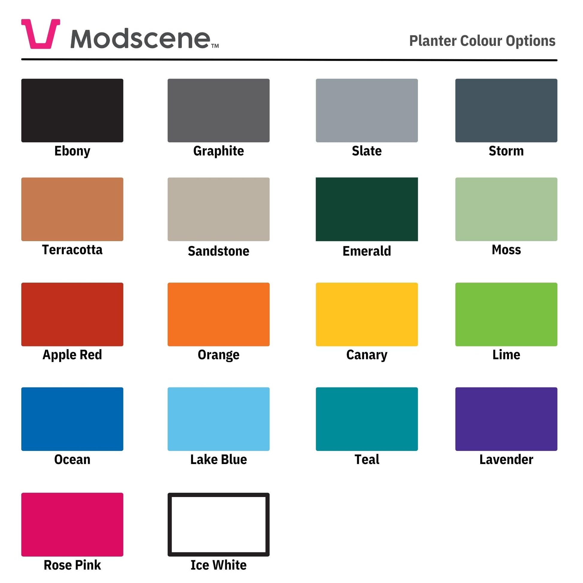 These are the Modscene planter pot colour options.