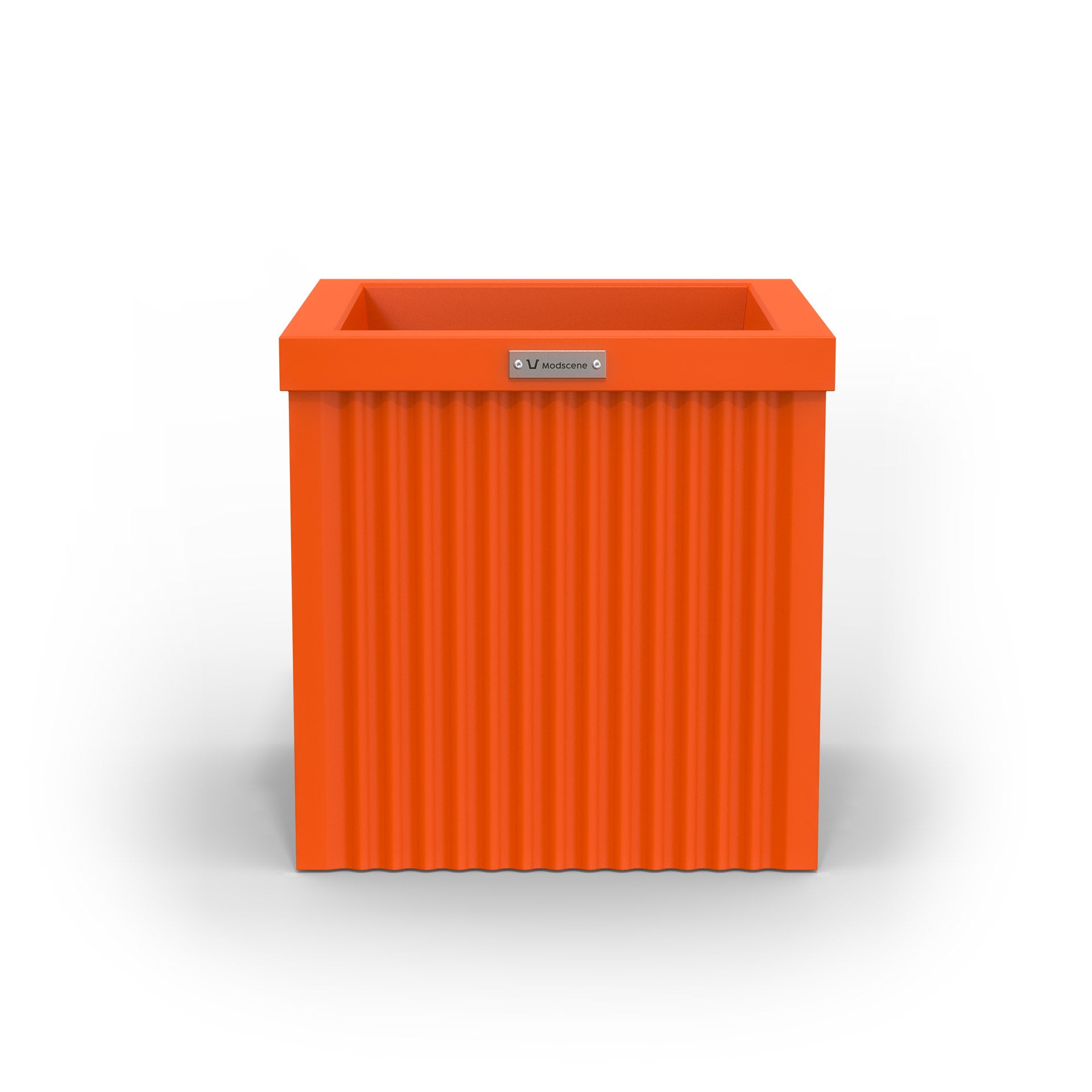 A corrugated square planter pot. The pot planter is orange in colour.
