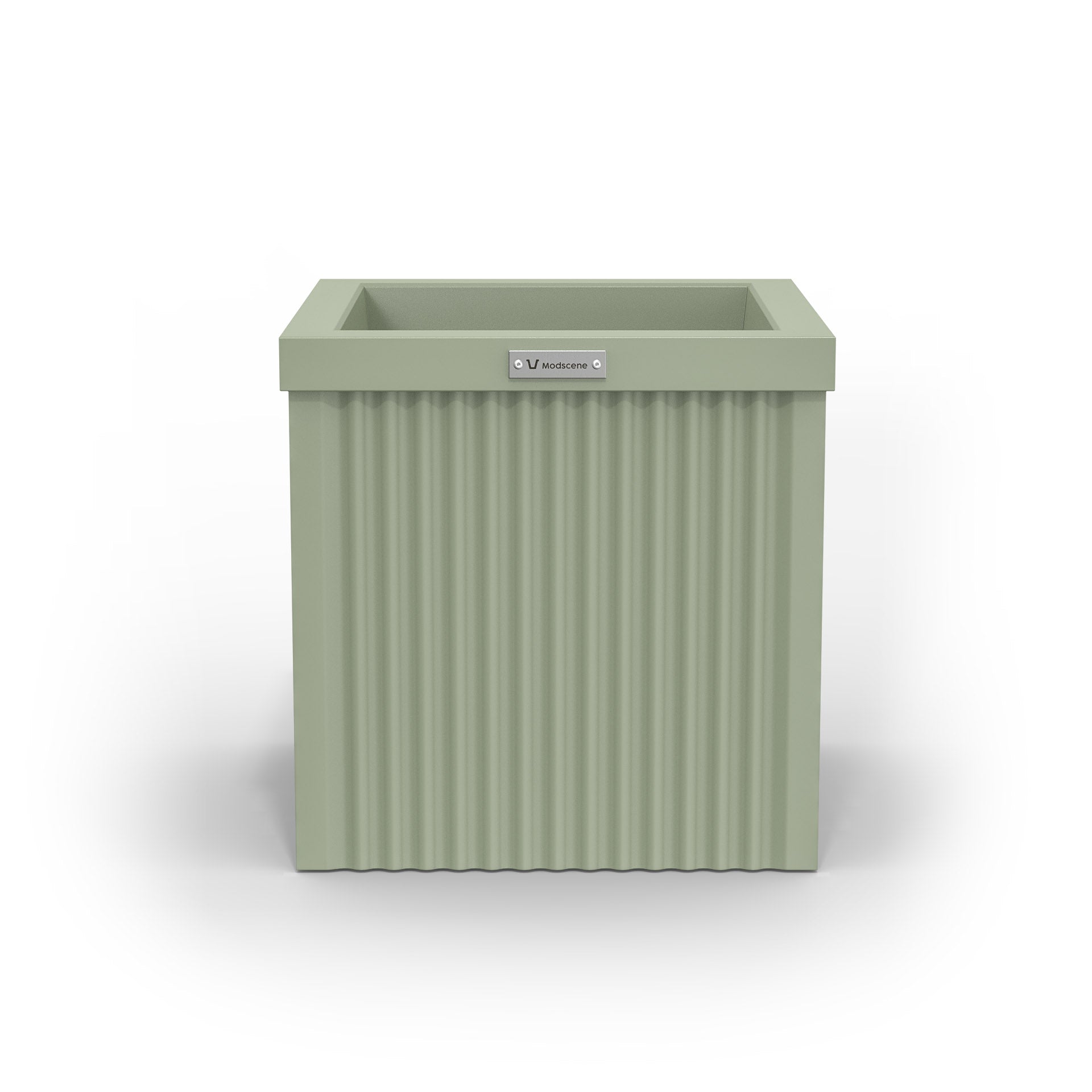 A corrugated square planter pot. The pot planter is moss green in colour.