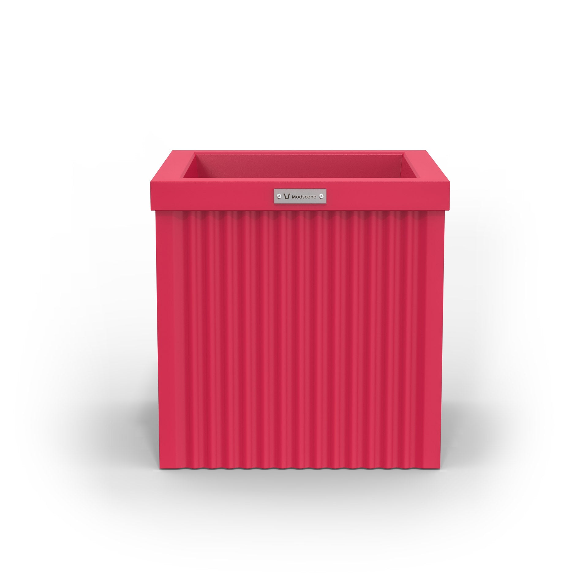 A corrugated square planter pot. The pot planter is pink in colour.
