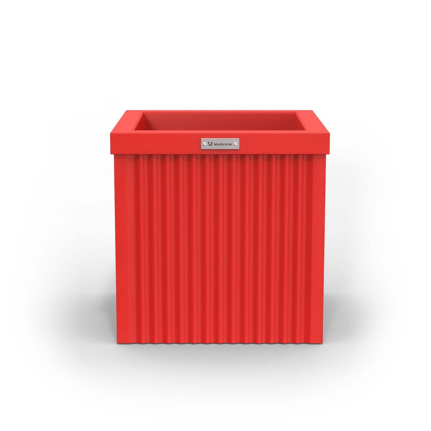 A corrugated square planter pot. The pot planter is red in colour.
