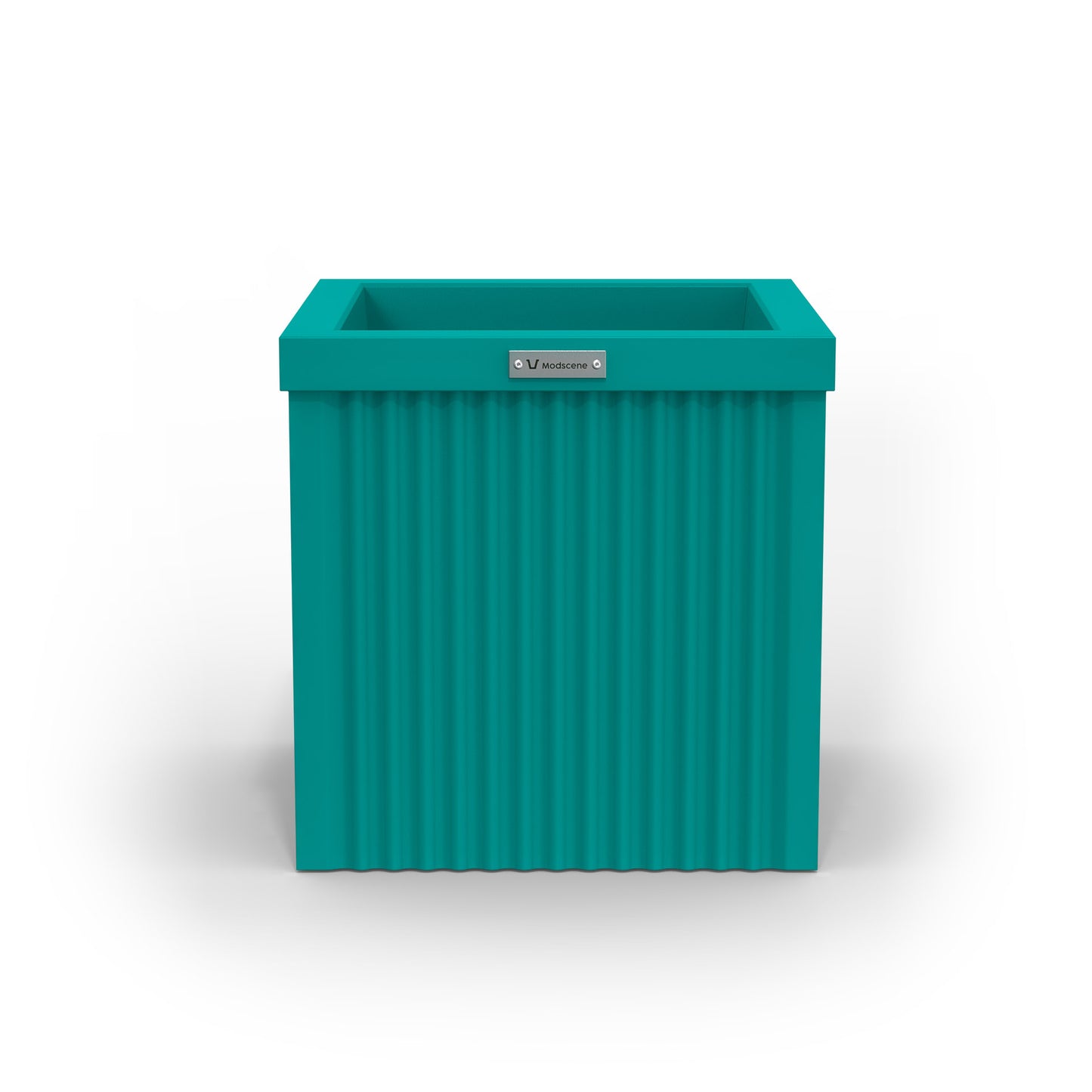 A corrugated square planter pot. The pot planter is teal in colour.
