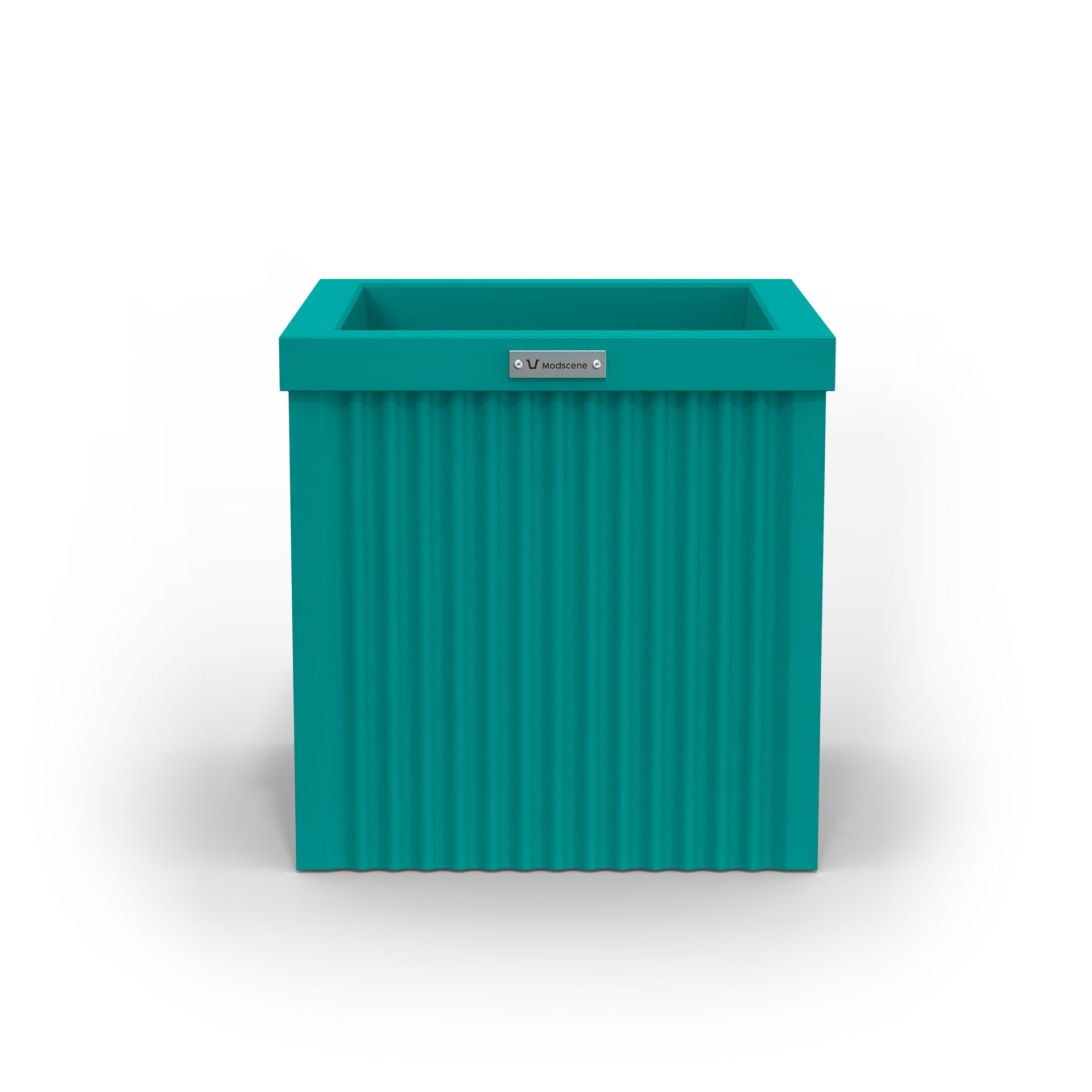 A corrugated square planter pot. The pot planter is teal in colour.