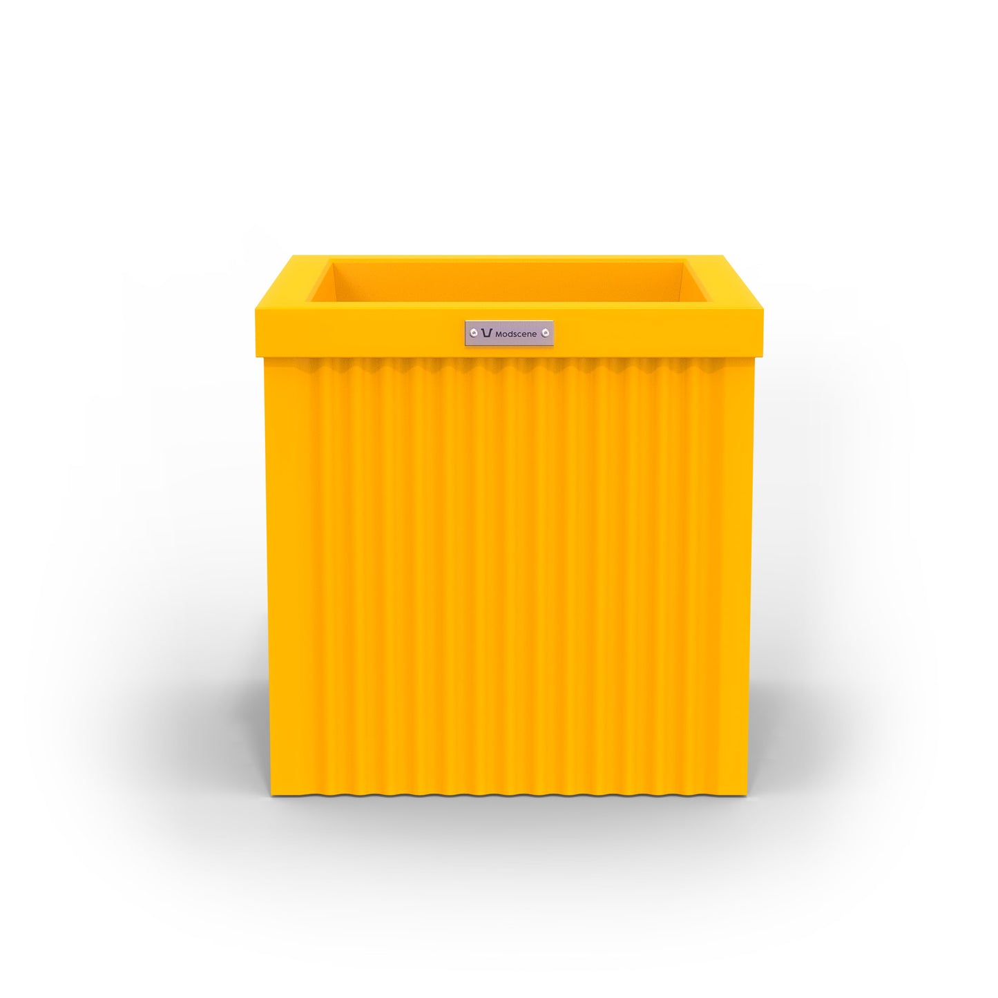A corrugated square planter pot. The pot planter is yellow in colour.
