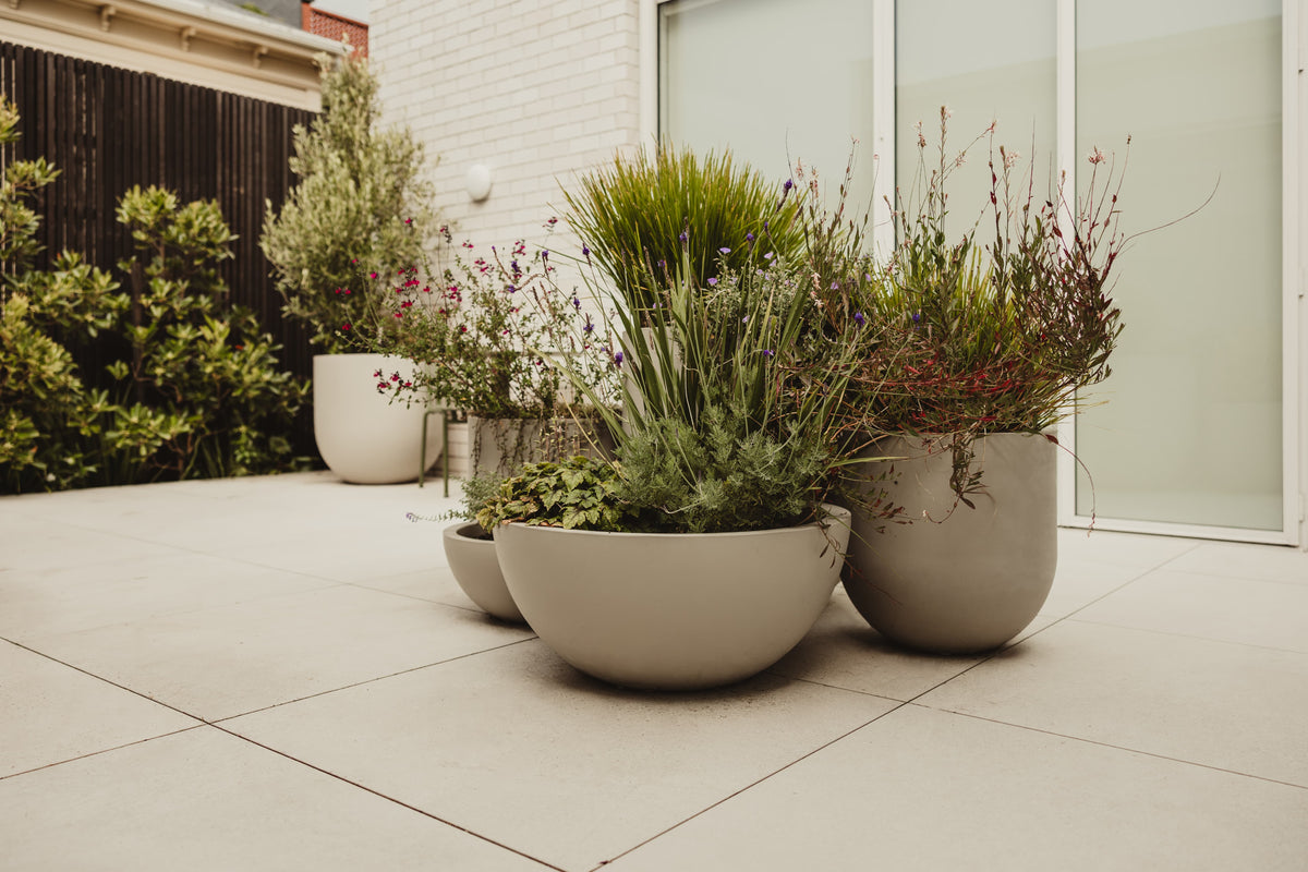 Modscene planters in a contemporary outdoor courtyard with layered planting