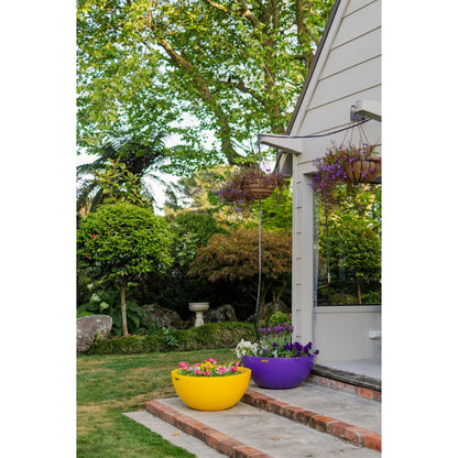A beautiful garden with a large purple and yellow planter bowl.
