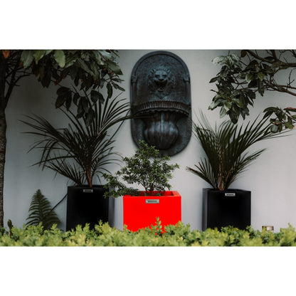 Square red and black planter pots in a garden with a lion feature on the wall. 