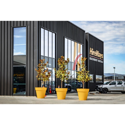 Large yellow planters on a commercial property. in New Zealand. Giant planter pots NZ.