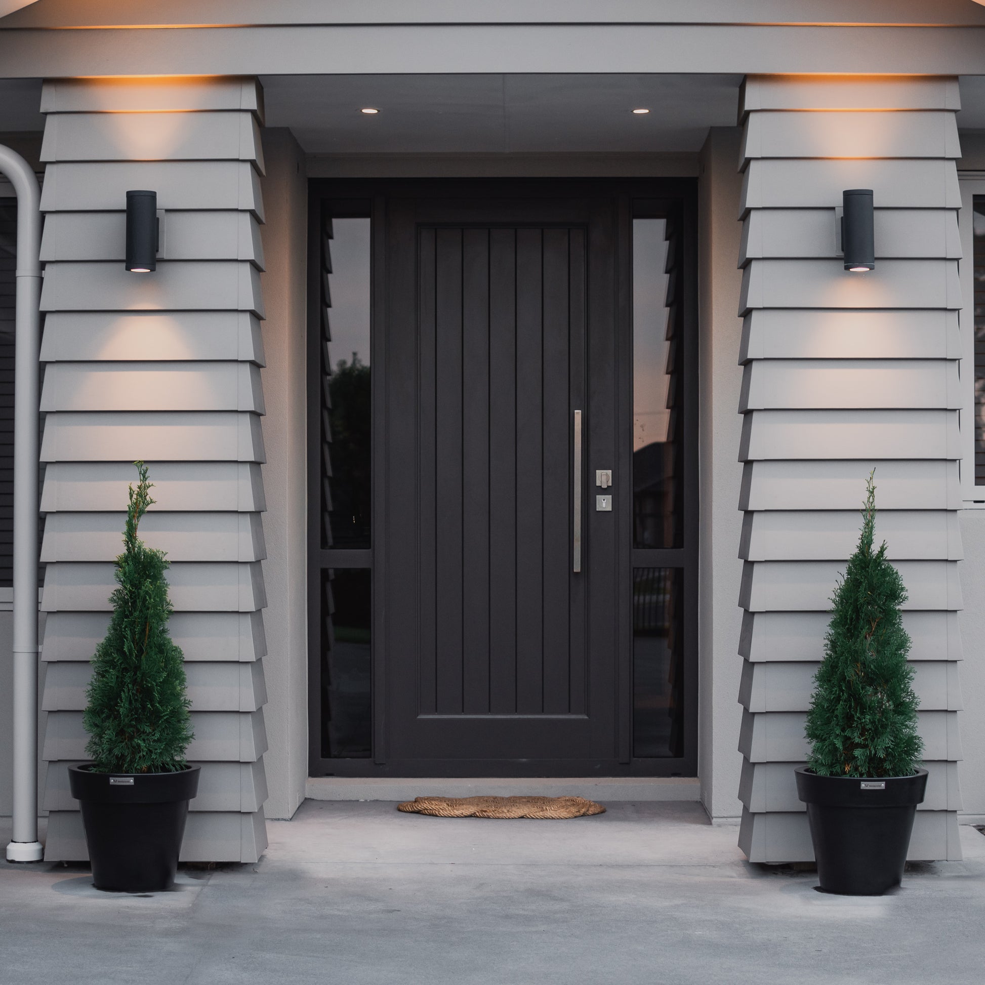 Black planter pots at an entranceway with a tree planted in them.